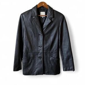 Black Leather Blazer Jacket – Classic Minimalist Tailored[L]